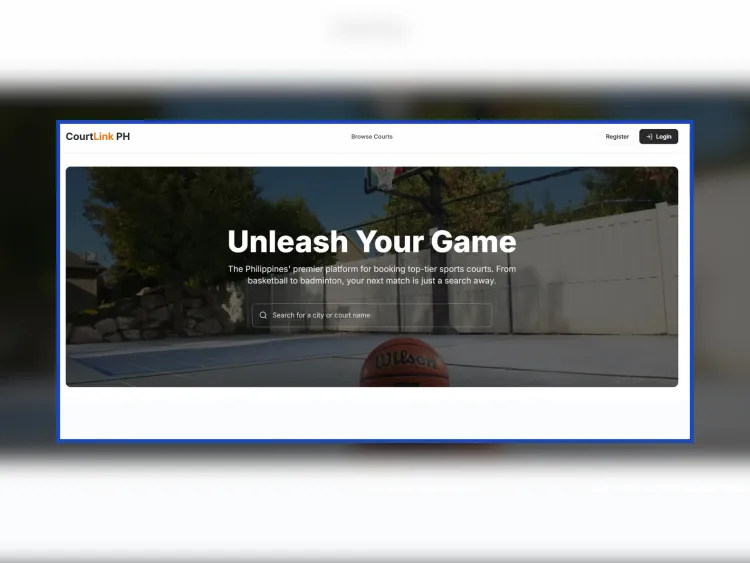 Homepage of the CourtLink PH sports court booking platform