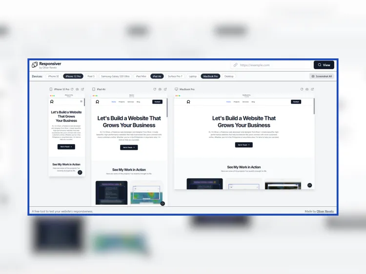 A preview of the Responsiver application showing a website on different devices.