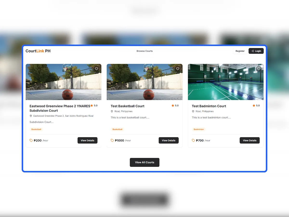 CourtLink PH - Sports Court Booking Platform Homepage of the CourtLink PH sports court booking platform