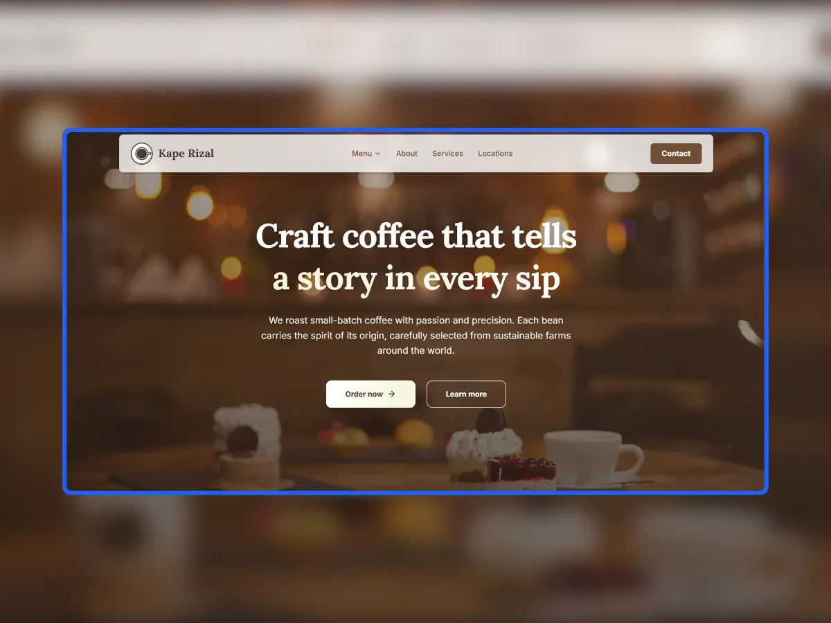 Kape Rizal - Coffee Shop Homepage view of the Kape Rizal coffee shop website showing hero section and navigation