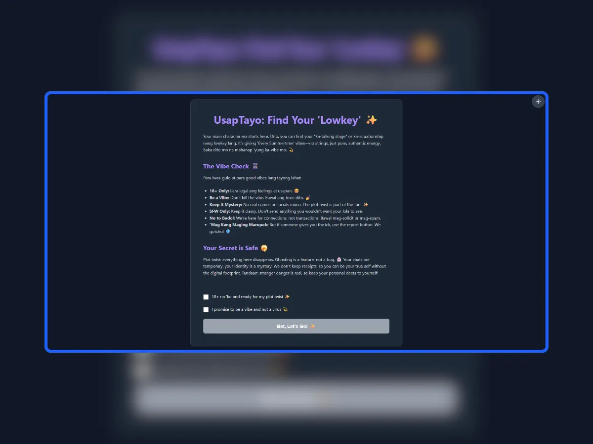 UsapTayo - Anonymous Chat Platform Screenshot of the UsapTayo anonymous chat platform